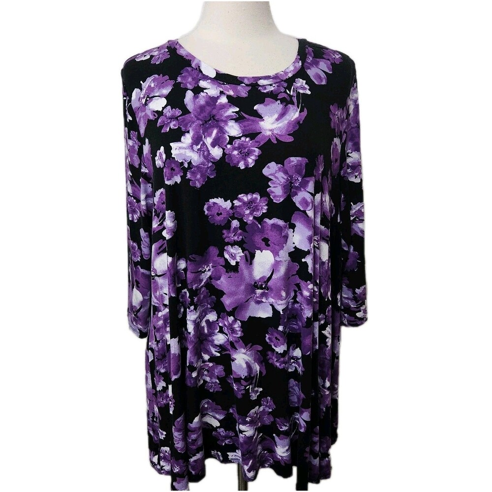 Jessica London Womens Tunic Top 18/20 Purple Black Floral Stretch Knit Pullover